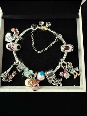 Pandora Disney 100 Years Bracelet 13 Charms Safety Chain 2 Clips Sterling Silver